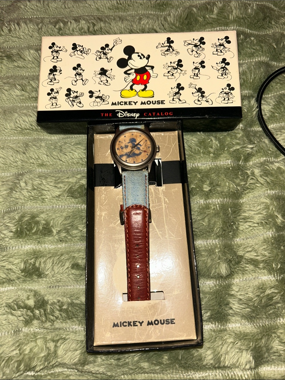 Mickey Mouse Vintage-Style Wristwatch with Box - Brown & Denim Strap